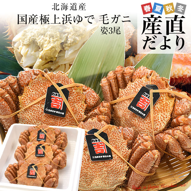 北海道より直送 北海道産 「浜ゆで 毛ガニ」350g前後×3尾入 送料無料 かに カニ 毛がに 毛蟹