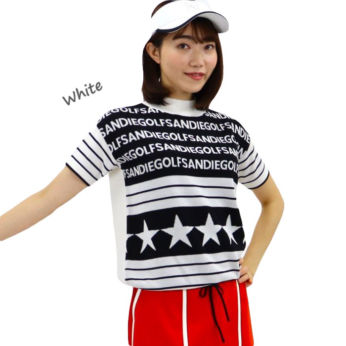 祝開店大放出セール開催中 星ロゴ柄ニットレディースゴルフ レディースゴルフウェア レディースゴルフ半袖 ゴルフレディース ゴルフウェアレディース ゴルフレディース半袖 S M L ネイビー ブラック かわいいゴルフウェア 抗菌防臭 大きいサイズ 小さいサイズ ゴルフ