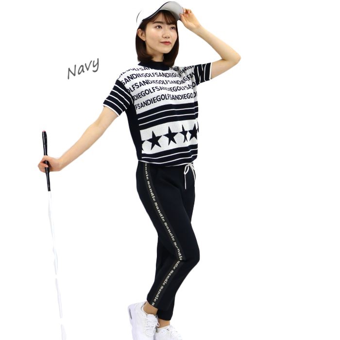 祝開店大放出セール開催中 星ロゴ柄ニットレディースゴルフ レディースゴルフウェア レディースゴルフ半袖 ゴルフレディース ゴルフウェアレディース ゴルフレディース半袖 S M L ネイビー ブラック かわいいゴルフウェア 抗菌防臭 大きいサイズ 小さいサイズ ゴルフ
