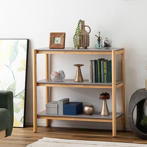 商品名:CALM オープンシェルフ(幅83.5×高さ80cm )【 棚 シェルフ ワイド 収納 収納棚 ラック オープンSTAC ラック 3段 三段 見せる収納 テレビ台 本棚 間仕切り 天然木 シンプル 北欧 501 ナチュラル シンプル 】|sandy style