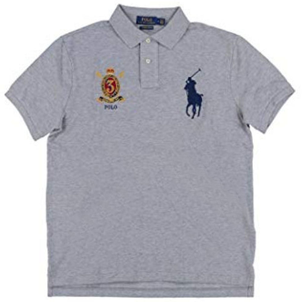 【メンズ】POLO RALPH LAUREN(ポロ ラルフローレン) エンブレム＆ビッグポニー鹿の子ポロシャツ(Gray)/CUSTOM SLIM FIT※送料無料/沖縄・一部離島除く☆ギフト・プレゼントに！
