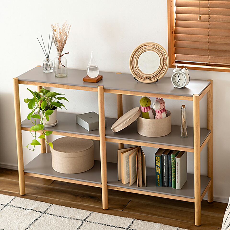 500円OFFクーポン配布中 04/19(日)00:00～ シェルフ 120 ナチュラル グレー やさしい 配色 木目 フレーム コントラスト オープン ディスプレイ デザイン 汚れ 簡単 組み立て ワイド 収納 収納棚 ラック オープンラック 3段 三段 見せる収納 シンプル 26,134円