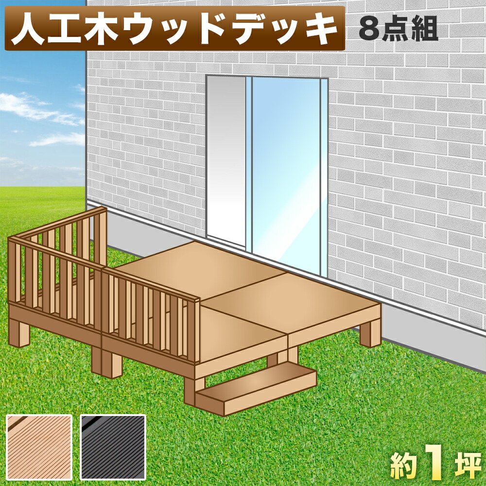 500円OFFクーポン配布中 04/14(火)20:00～ ウッドデッキ 人工木ウッドデッキ 8点セット 1坪 ブラウン 人工木材 ウッドデッキ テラス 幅90cm 幅180cm 腐りにくい 頑丈 丈夫 縁台 樹脂 デッキ ウッドデッキタイル ロータイプ ずっしり重いから安心 台風対策 強風対策