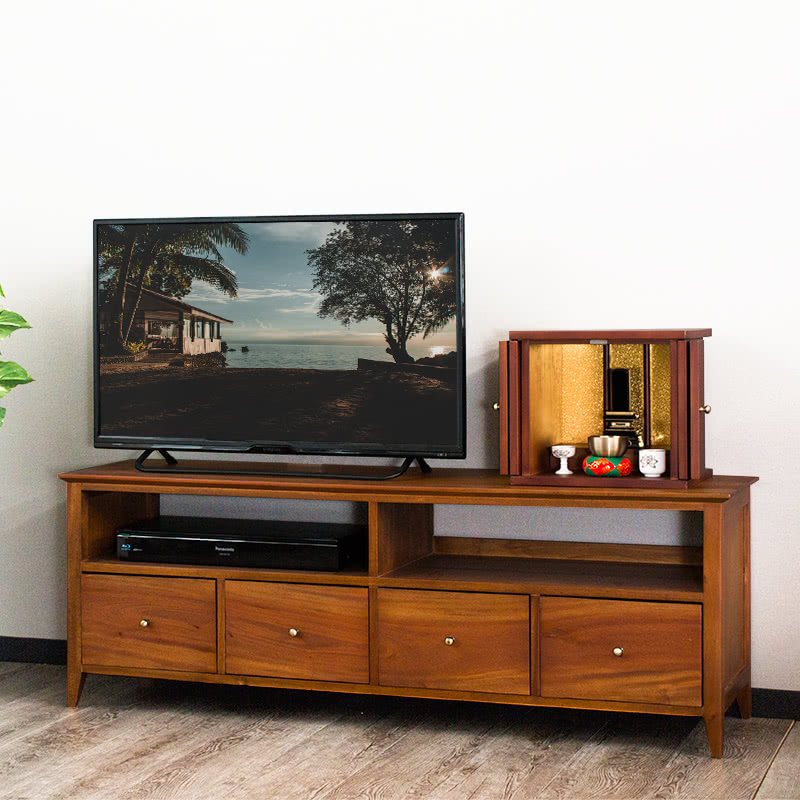 テレビ台 奥行35 高さ43 無垢材 ローボード 幅121.5 天然木 完成品【動画あり】 ミニ仏壇 台 黄金比 ワイド 24インチ 32インチ 40インチ 50インチ 薄型 北欧 アンティーク 洋風 引出付き オープンラック 背面オープン｜インテリア雑貨 サンゴスタイル