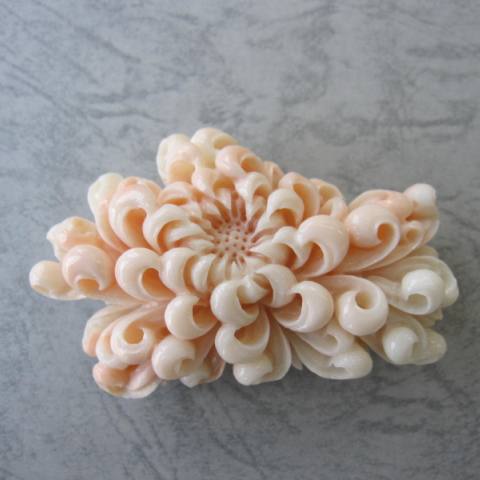 2021福袋】 ミッド珊瑚豪華な菊の花の彫りの帯留め兼ブローチ 宝石