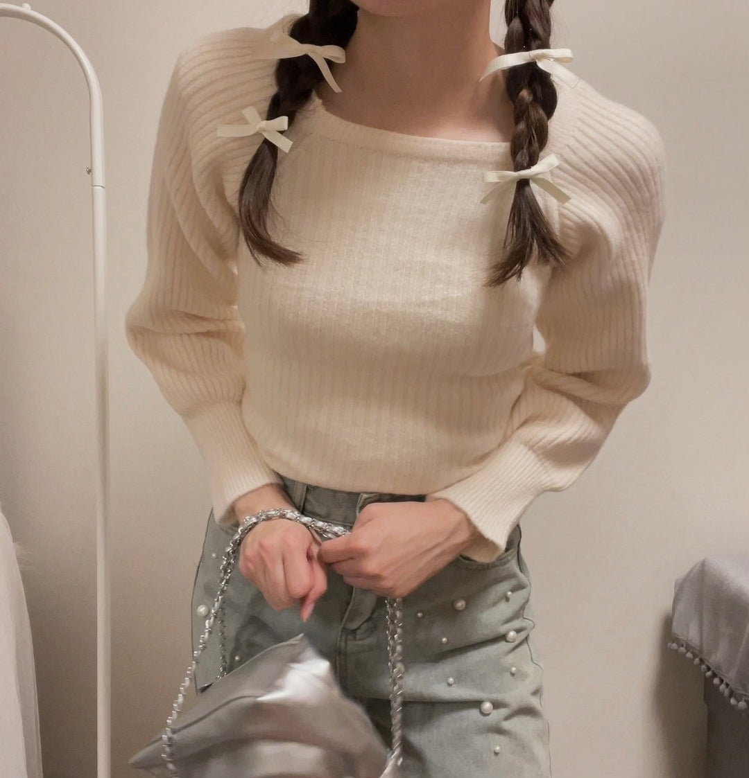 パフスリーブ リブ ニット トップス スクエアネック 厚手 透けにくい 華奢見え クリーム かわいい 可愛い おしゃれ カジュアル フェミニン 韓国 韓国ガーリー ガーリー 春 秋 冬 10代 20代 韓国ファッション