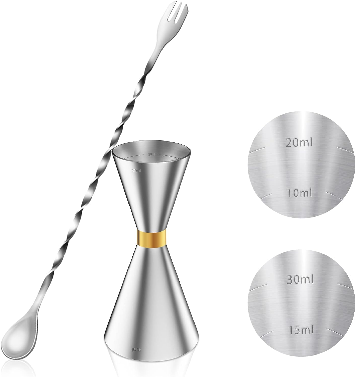 ジガーカップ 目盛り付き メジャーカップ 30ml/45ml バースプーン 30cm マドラー カクテル メジャーカップ 計量カップ ジガー カクテルシェーカーセットバーテンダー バー用品 ステンレス ハイボール お酒画像