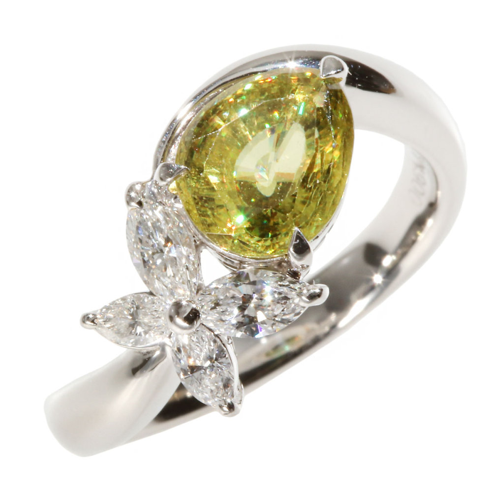 Pt900☆クロムスフェーン3.49ct+絶品ダイヤ0.98 ct☆２連チェーン 数量限定 クロムスフェーン ダイヤモンド リング ローリエ 指輪