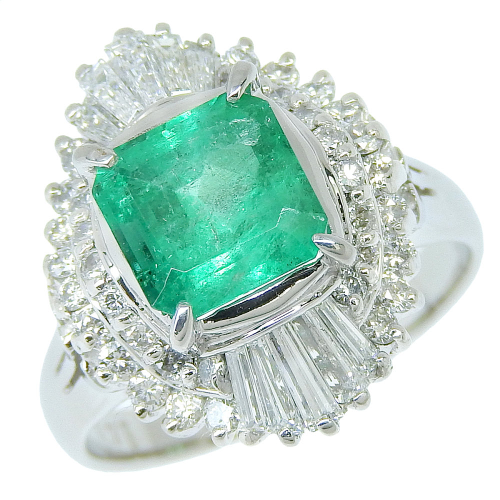 【返品OK】1.71ct 天然エメラルド リング 12号 Pt900 ソーティング付き 合計0.88ct 天然ダイヤ レディース プラチナ 白金 1P 1粒 一粒 緑 グリーン【送料無料】【中古】|三光質店店