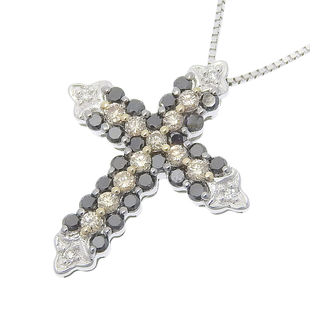 【返品OK】クロスモチーフ 合計0.95ct 天然ダイヤ ネックレス 45cm K18WG/YG レディース 18K 18金 イエローゴールド ホワイトゴールド ブラック ブラウン マルチカラー【送料無料】【中古】