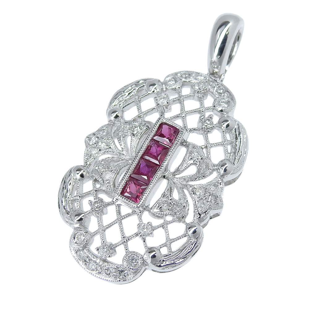 【返品OK】合計0.65ct 天然ルビー ヘッド K18WG 新品仕上げ済み 合計0.35ct 天然ダイヤ レディース 18K 18金 ホワイトゴールド オープンワーク 金無垢【送料無料】【中古】