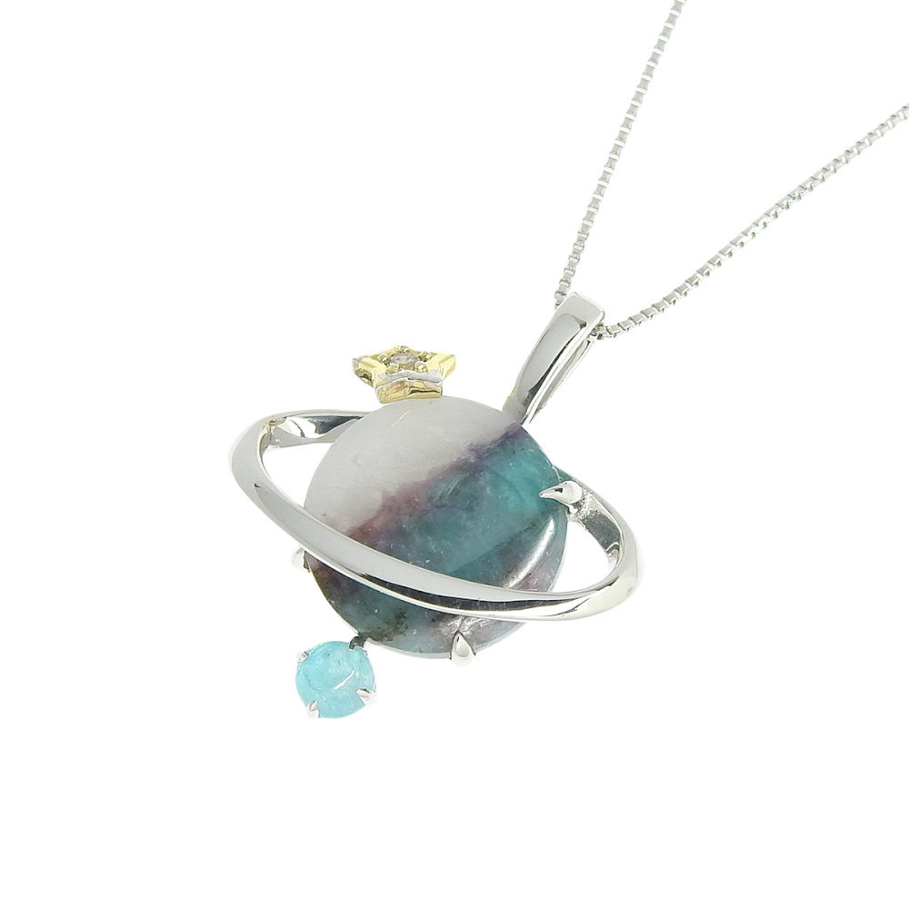 【返品OK】1.70ct カルセドニー ネックレス 45cm K18WG/YG 新品仕上げ済み 0.12ct 天然トルマリン 0.01ct 天然ダイヤ レディース 18K 18金 ホワイトゴールド【送料無料】【中古】