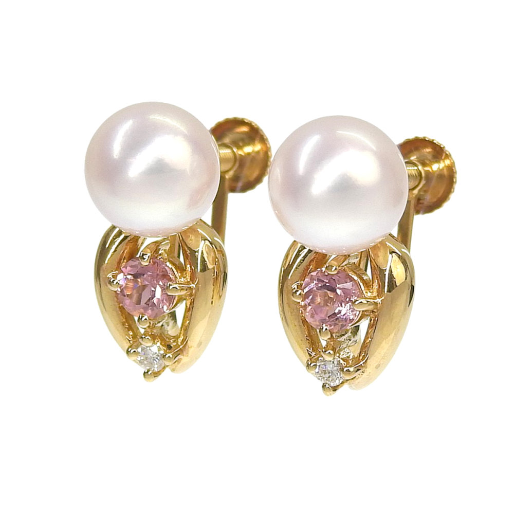 【返品OK】約6.5mm パール イヤリング K18YG 天然トルマリン 合計0.02ct 天然ダイヤ レディース 18K 18金 イエローゴールド マルチストーン【送料無料】【中古】|三光質店店