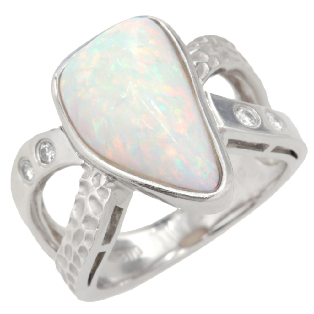 【返品OK】6.09ct 天然オパール リング 13.5号 K18WG 新品仕上げ済み 合計0.10ct 天然ダイヤ レディース 18K 18金 ホワイトゴールド 金無垢【送料無料】【中古】