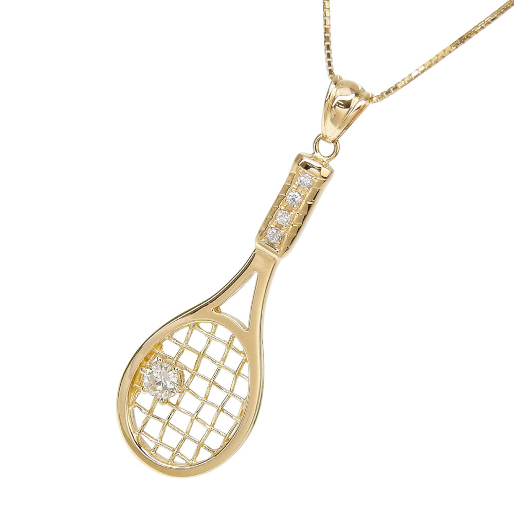 【返品OK】テニスラケットモチーフ 合計0.26ct 天然ダイヤ ネックレス 40cm K18YG 新品仕上げ済み レディース 18K 18金 イエローゴールド【送料無料】【中古】