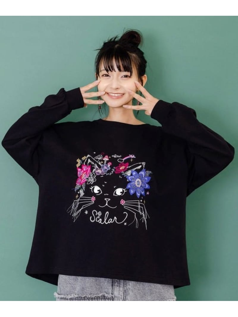 ScoLar/スカラー 猫刺繍裏毛PO (WOMENS) GSC WOMENS SELECT ゴースローキャラバン トップス スウェット・トレーナー グリーン ブラック【送料無料】[ Fashion]