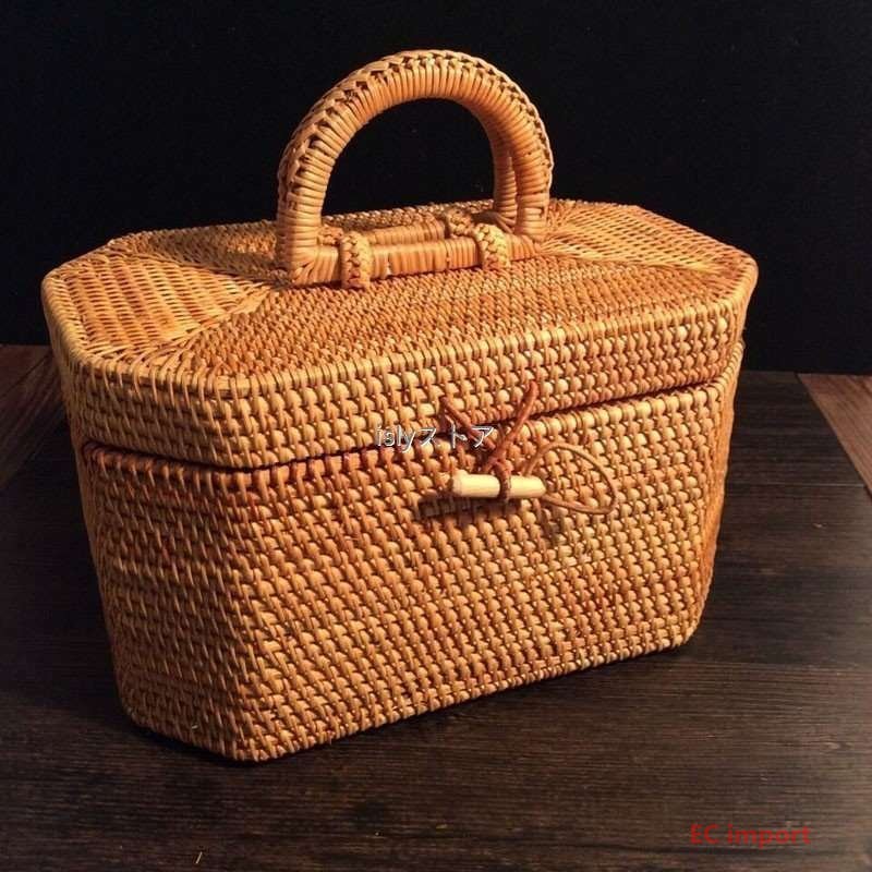 八角形 かご 手かご 納める 茶 蓋付き添い人 宝飾品 越南 携帯型 取り片付ける備品 籐 かざり付ける品 まとめ役 小入れもの
