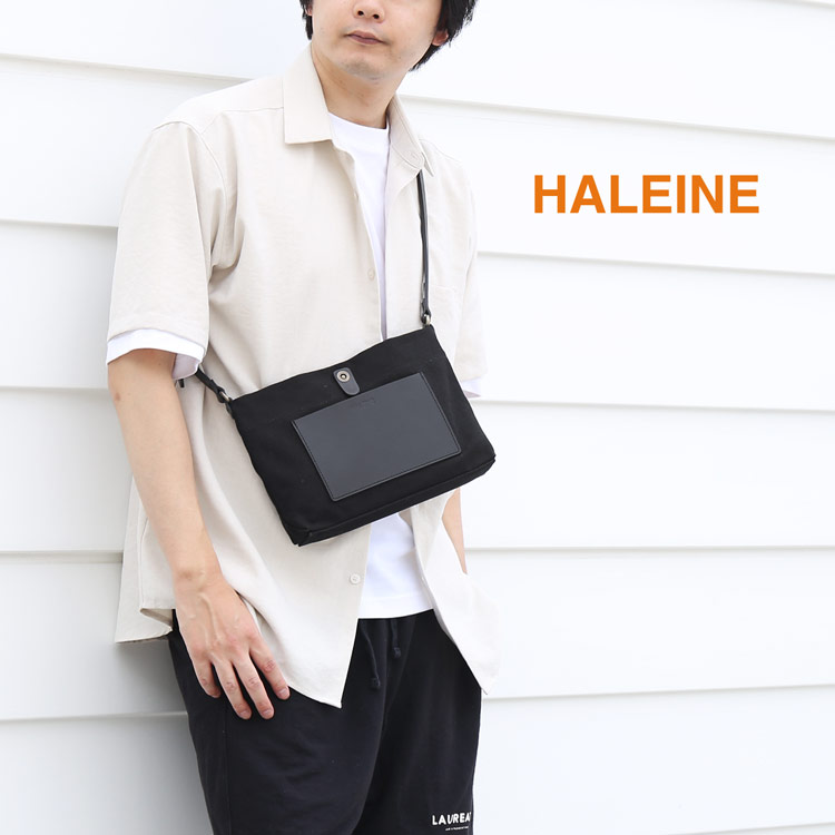 【5％クーポン】サコッシュ メンズ HALEINE ブランド レザー 【名入れ 可能】 ブランド キャンバス 生地 ヌメ革 キャンバス地 ショルダーバッグ 横型 革 本革 革サコッシュ 帆布 大きめ ブラック 男 プレゼント ギフト 5F バレンタイン チョコ以外 (07000545-mens-1r)