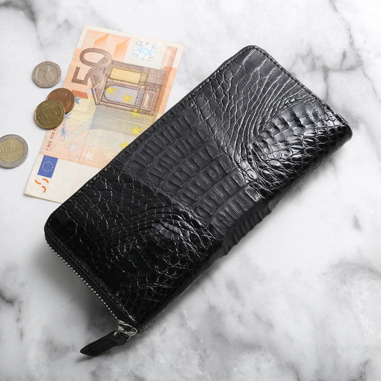 カイマン メンズ 長財布 ラウンドファスナー 財布 アウトポケット付き カイマン尾 シャイニング加工 シルバー金具 本革 鰐革 背ワニ ギフト プレゼント 4FA (309222-mens-1r)