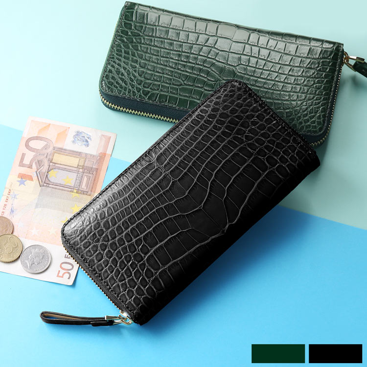 クロコダイル 長財布 レディース マット加工 ラウンドファスナー 一枚革 センター取り ワニ革 グリーン ブラック 使い易い 財布 本革 鰐皮 鰐 革 プレゼント クリスマス ギフト 女性 婦人 高級 4FA 一粒万倍 春財布 (06001758r)