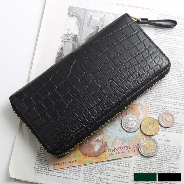 【5％オフクーポン】クロコダイル 長財布 メンズ マット加工 ラウンドファスナー 一枚革 センター取り グリーン ブラック 使い易い 財布 本革 鰐皮 鰐 革 プレゼント クリスマス ギフト 男性 紳士 高級 4FA (06001758-mens-1r) 一粒万倍 春財布