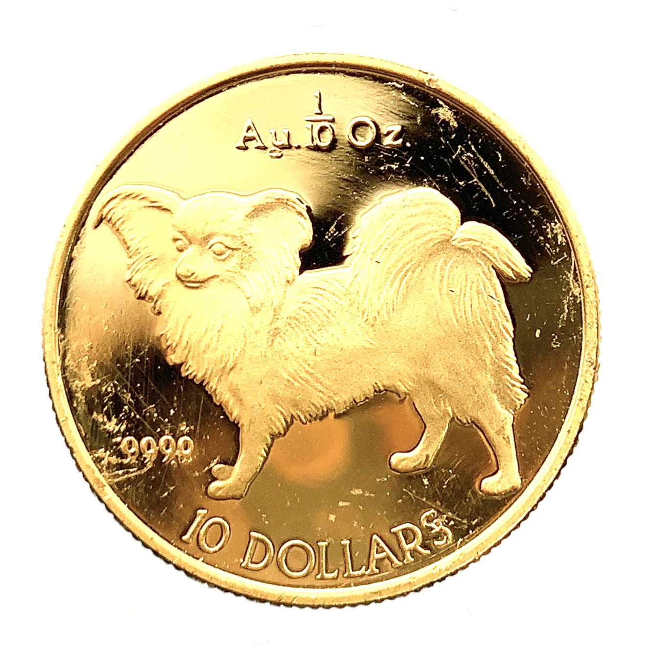 犬金貨 パピヨン犬 クック諸島 1994年 24金 純金 1/10オンス 3.1g イエローゴールド コイン GOLD コレクション 美品