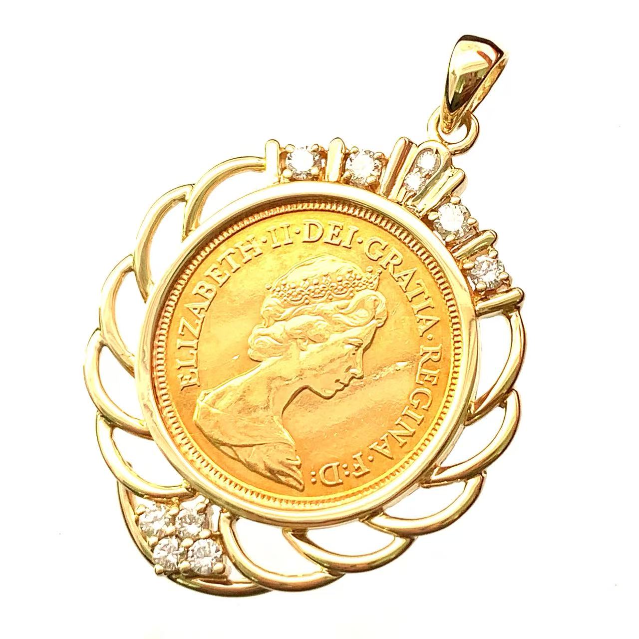 K18 ネックレストップ エリザベス 1982 ソブリン 金貨 聖ジョージ竜退治 イギリス ダイヤモンド コイン ジュエリー トップ 色石 mm1000