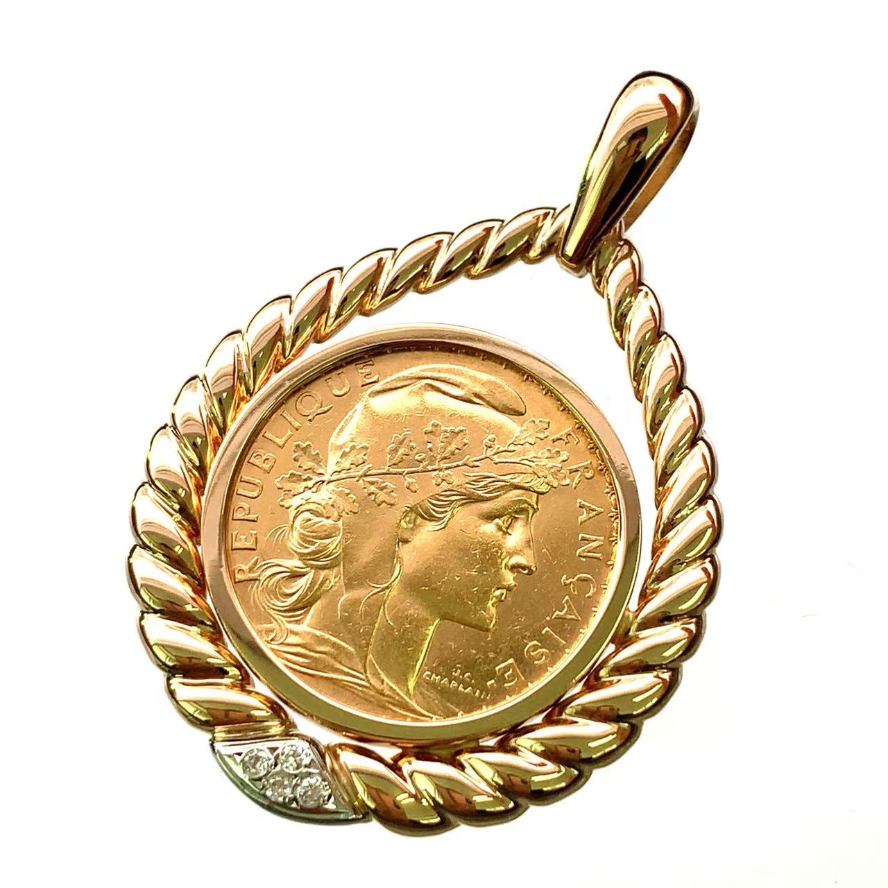 1909年 フランス 20フラン金貨 マリアンヌ ルースター 13.7g イエローゴールド K18/21.6 ダイヤモンド ペンダントトップ|39宝飾販売店