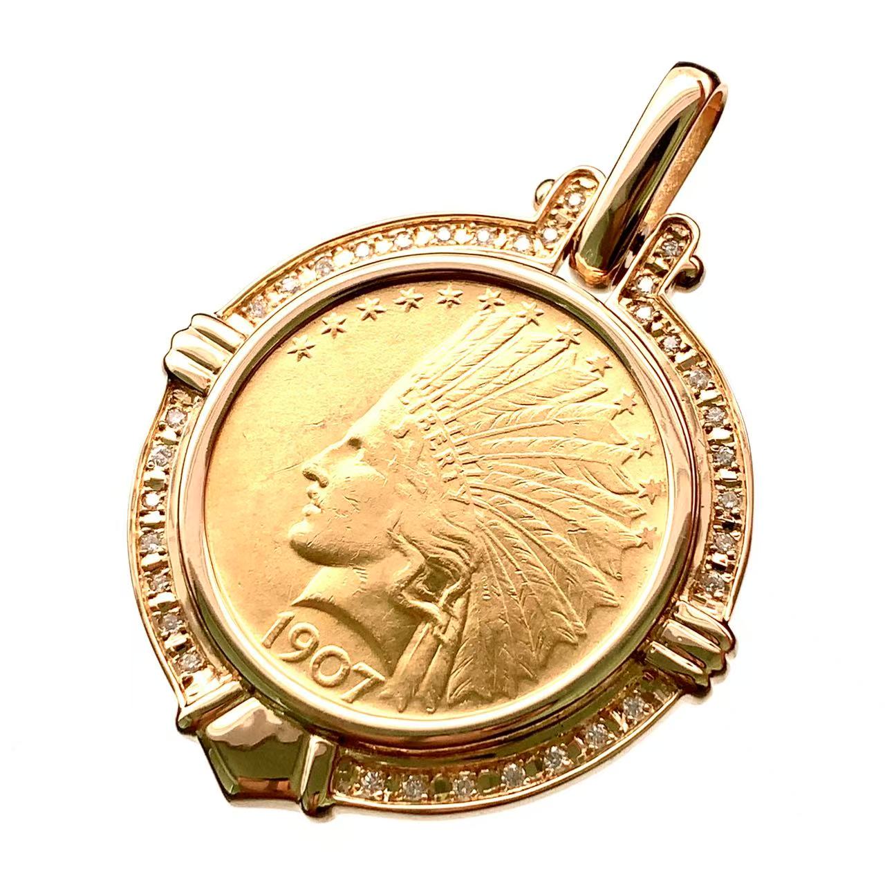 インディアン イーグル金貨 10ドル アメリカ 1907年 25.3g K18/21.6 ダイヤモンド コレクション ペンダントトップ Gold