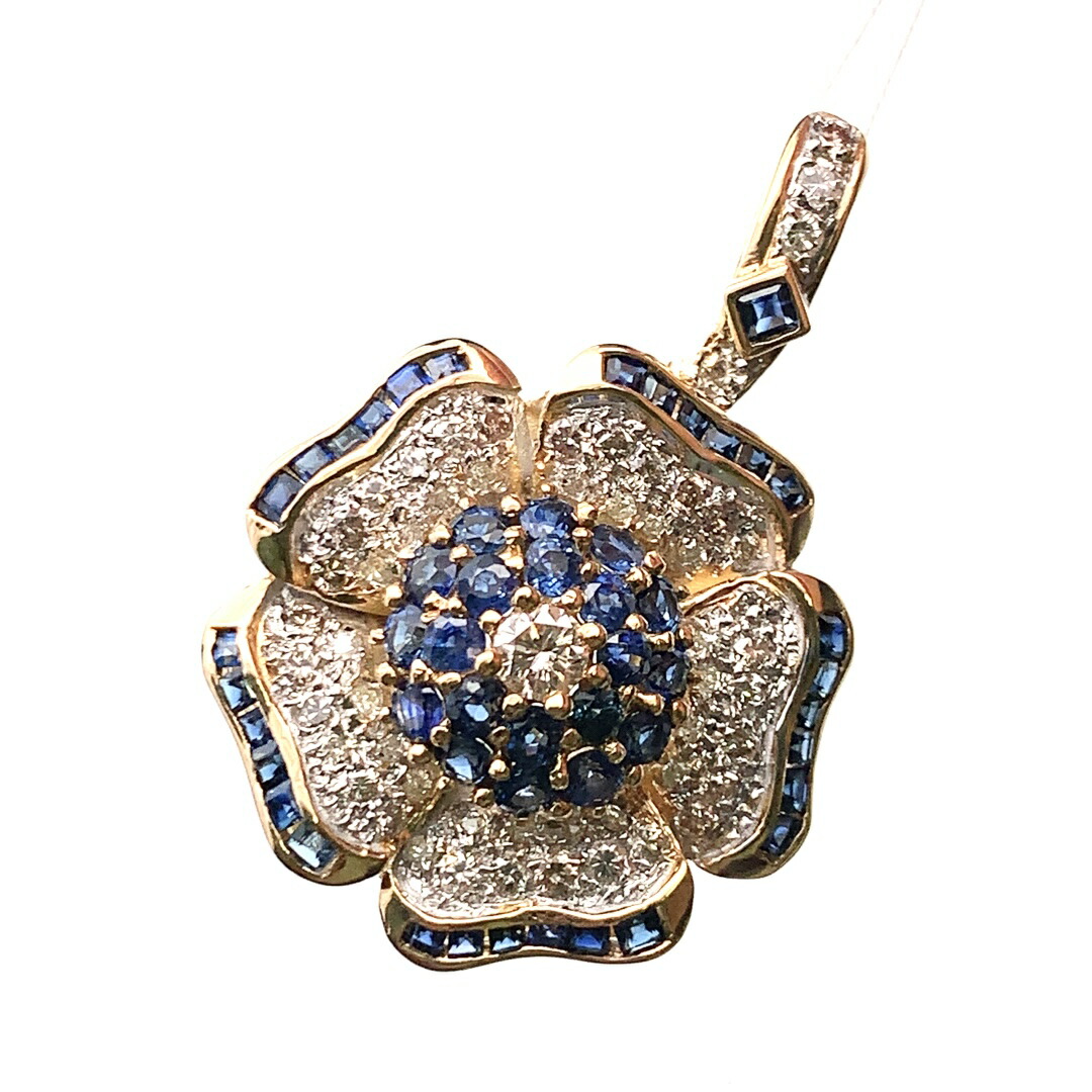 サファイア 3.40ct ダイヤモンド ブローチ ペンダントトップ K18 イエローゴールド 12.8g 165,000円