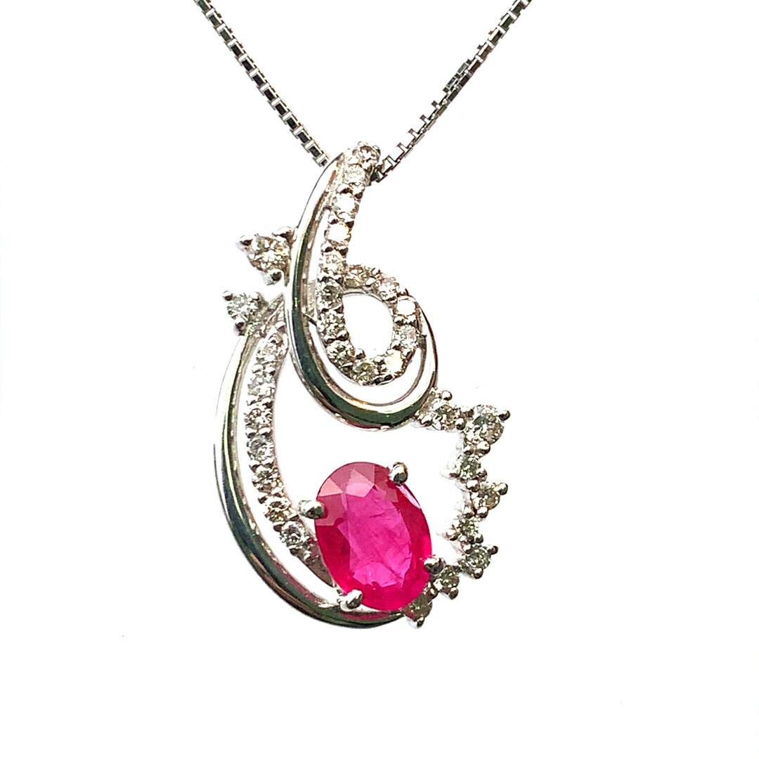 ルビー 0.987ct ダイヤモンド ネックレス ペンダントトップ ホワイトゴールド K18WG 45cm 5.4g