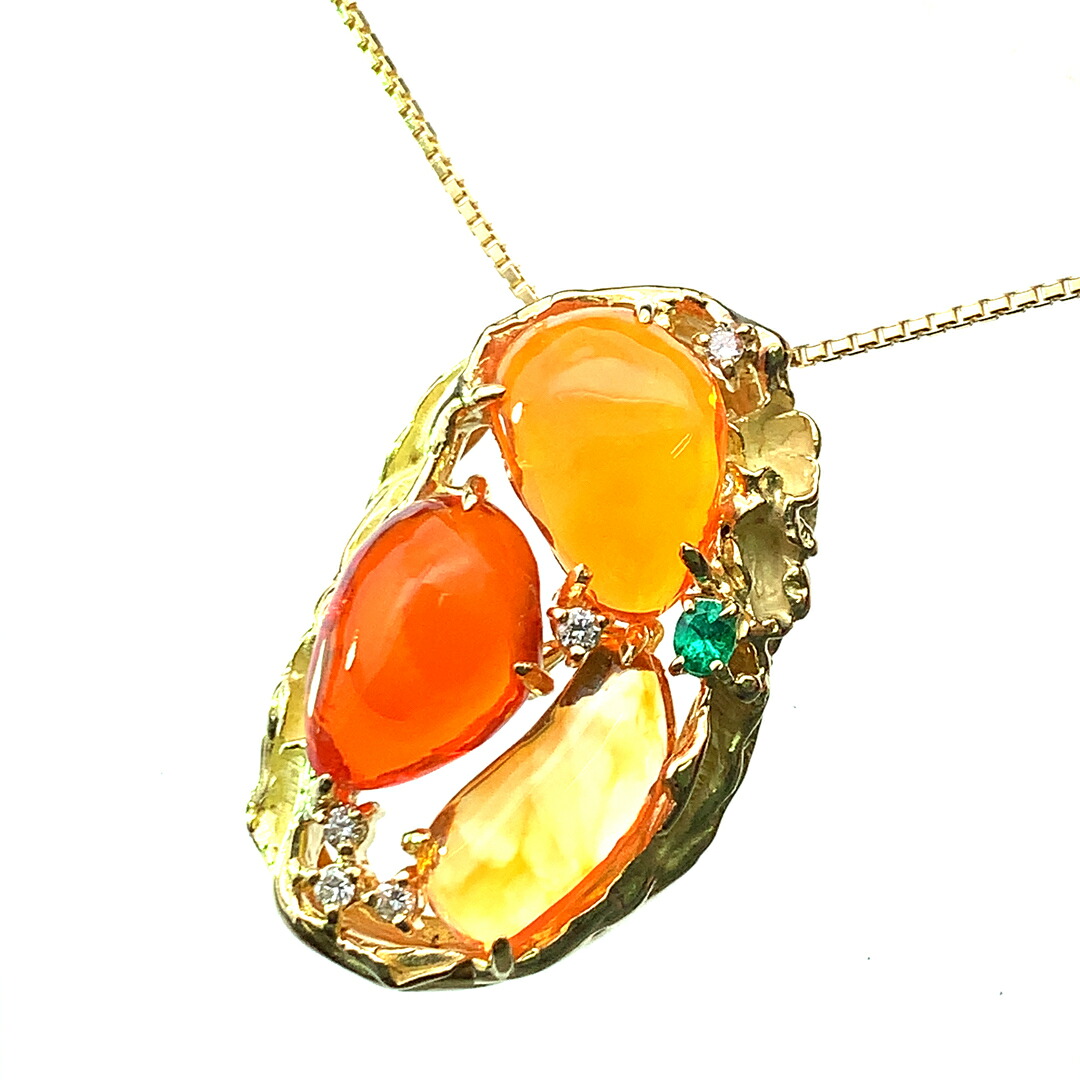 11.12ct ファイヤーオパール エメラルド ダイヤモンド ネックレス ペンダントトップ イエローゴールド K18 45cm 17.9g|39宝飾販売店