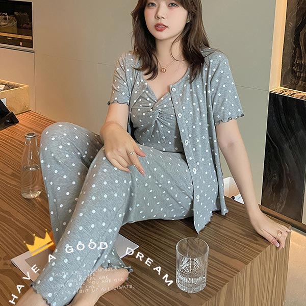 大きいサイズ ルームウェア レディース キャミソール ドット柄リブニット パジャマ上下 部屋着 3点セット