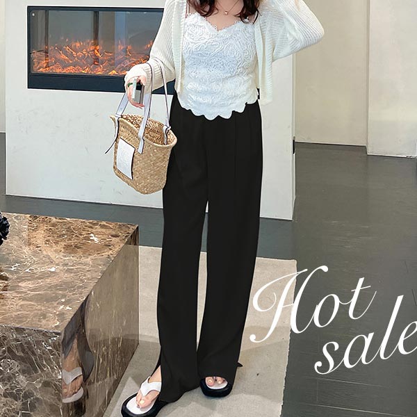 大きいサイズ ボトムス ツータック ウエストバックゴム仕様 ワイドパンツ サイドスリット フルレングス レディース