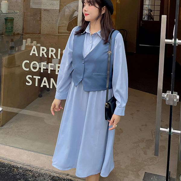 大きいサイズ セットアップ ショート丈ベスト ウエスト切り替えギャザースカートワンピース シャツカラー