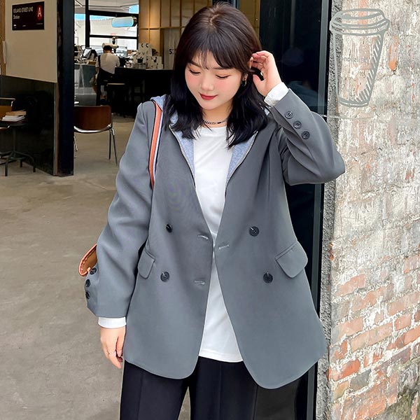 大きいサイズ ジャケット ダブルブレスト フラップポケット レディース フルジップパーカー 重ね着風 ノーカラー