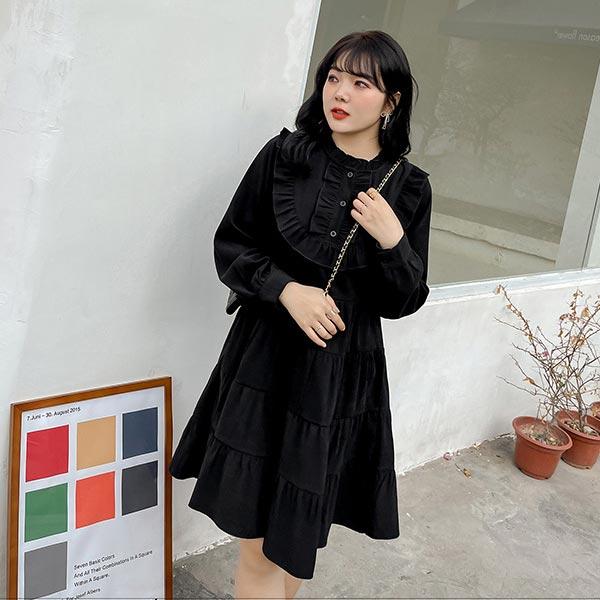 はこぽす対応商品 大きいサイズ ワンピース フリルスタンドカラー 胸ラッフルデザイン ウエスト切り替え ティアードスカート ブラック ブラウン Ll 3l 4l 5l 大人可愛い トレンド ガーリー レトロ スタイルアップデザイン 秋冬新着商品 Www Yourrequestentertainment Com