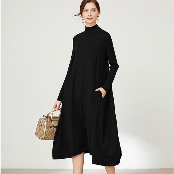 大きいサイズ ワンピース ブラック シンプル ハイネック ニットワンピース ルーズカジュアルドレス ポケット ルーズ