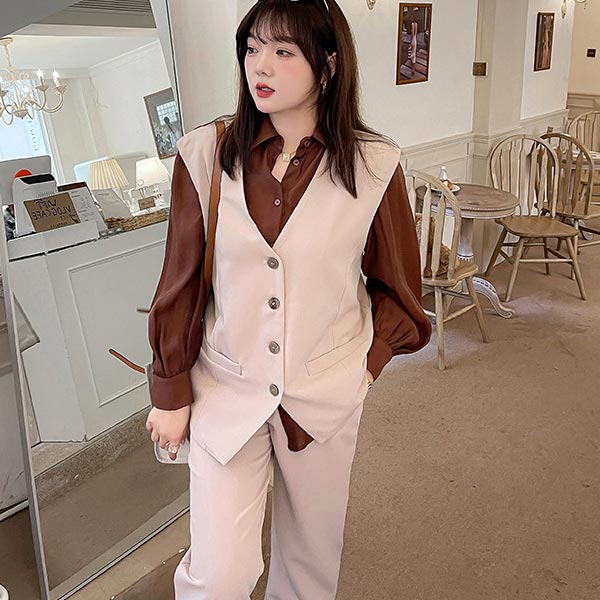 大きいサイズ セットアップ レディース パンツスーツ セミワイド七分丈パンツ ベスト ウエストゴム ドロップショルダー