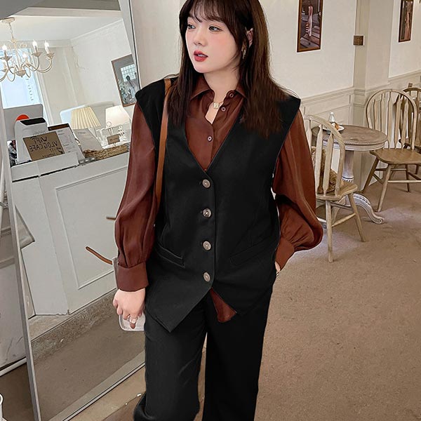 大きいサイズ セットアップ レディース パンツスーツ セミワイド七分丈パンツ ベスト ウエストゴム ドロップショルダー