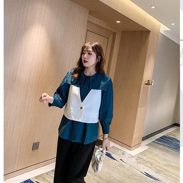 市場 大きいサイズ レディース ワンボタン セットアップ グリーン ホワイトセット ｖネックベスト ビッグカラー刺繍入りシャツブラウス