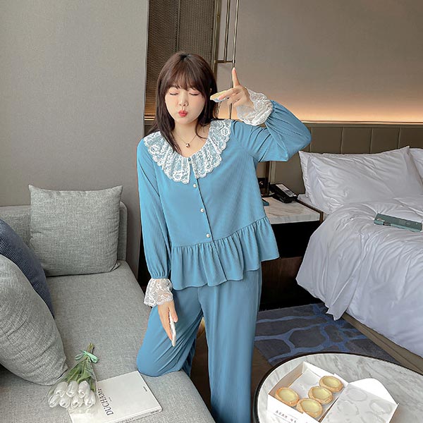 大きいサイズ ルームウェア レディース 上下セット レースコラージュ パジャマ リブニット フリルデザイン