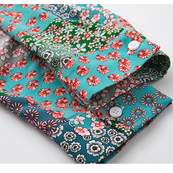 大きいサイズ ワンピース ブルー系小花プリント 幅広リボンベルト付き パッチワーク風デザイン シャツワンピース