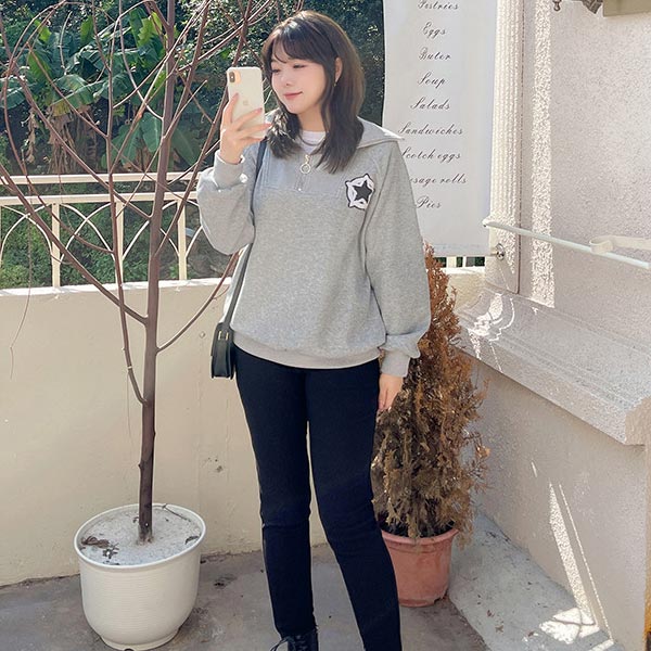 大きいサイズ トップス 裏起毛トレーナー グレー 胸刺繍ワッペン レディース スタンドカラー 長袖 ジッパー付きプルオーバー