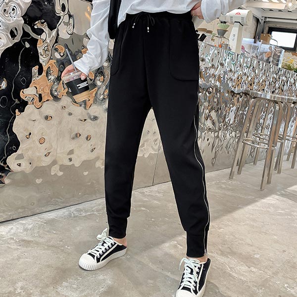 大きいサイズ ボトムス サイドジッパーライン ジョガーパンツ レディース ウエストゴム ドローストリング