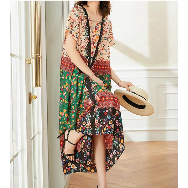 大きいサイズ ワンピース 夏 ラウンドネック エスニック 半袖 ルーズシルエット レディース Aライン