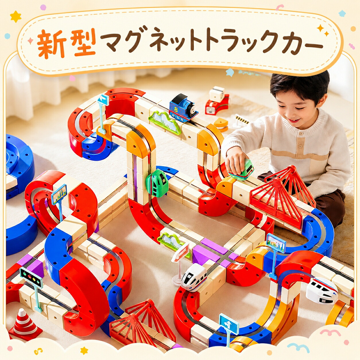 マグネットトラックカー 子供向け 立体 コース DIY 組み立て ブロック マグネット 百変化 レイアウト 反重力 走行 対応 想像力 創造力 発達 手先 運動 集中力 育成 室内 遊び 子供向け プレゼント ギフト 知育 玩具 反重力走行 強磁気吸着|SHOP36