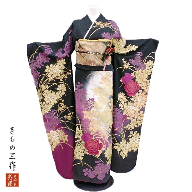 振袖レンタル ふりそでレンタル 着物レンタル ふりそで 結婚式 成人式 振袖 黒 送料無料 着物 l5048 トール 170cm～175cm レディース