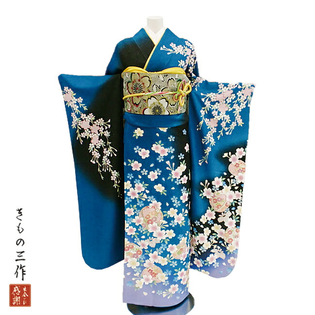 振袖 ふりそで 振袖レンタル 着物 フルセット 青 送料無料 結婚式 成人式 着物レンタル l5058 LLサイズ 160cm～170cm レディース