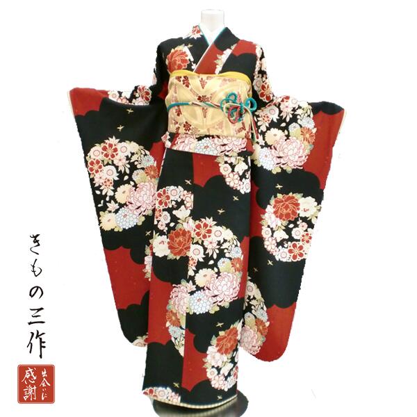 振袖 ふりそで 振袖レンタル 着物 フルセット 黒 送料無料 結婚式 成人式 着物レンタル レトロ 千鳥格子 l5085 LLサイズ 160cm～170cm レディース